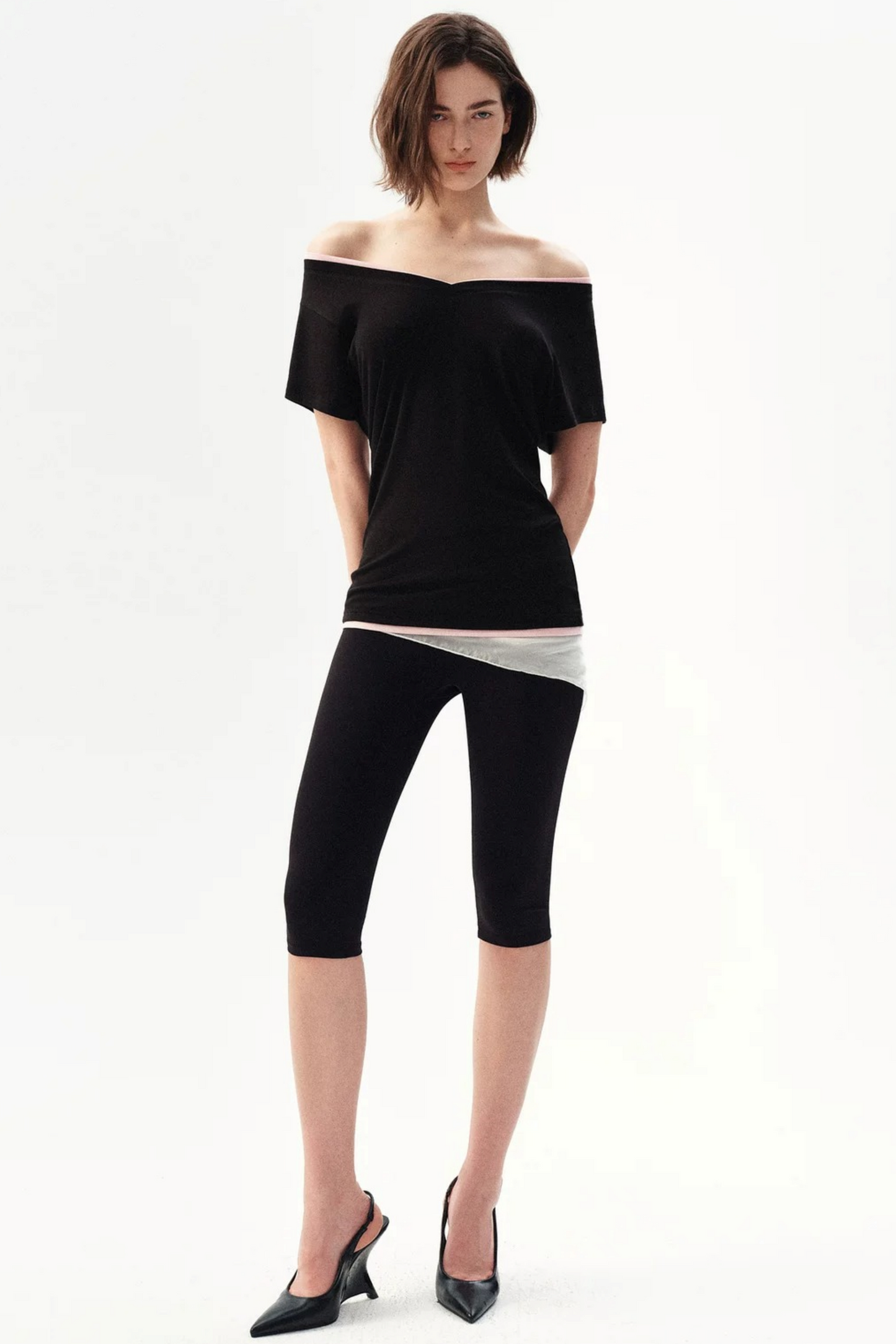 Minimalist Colorblock Deep V-Neck Wool Blend T-Shirt