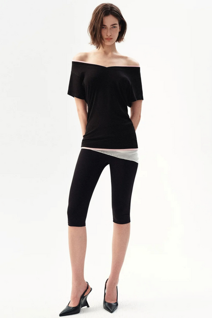 Minimalist Colorblock Deep V-Neck Wool Blend T-Shirt