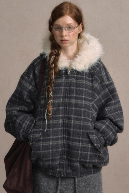 Elk Fur Collar Plaid Woolen Jacket