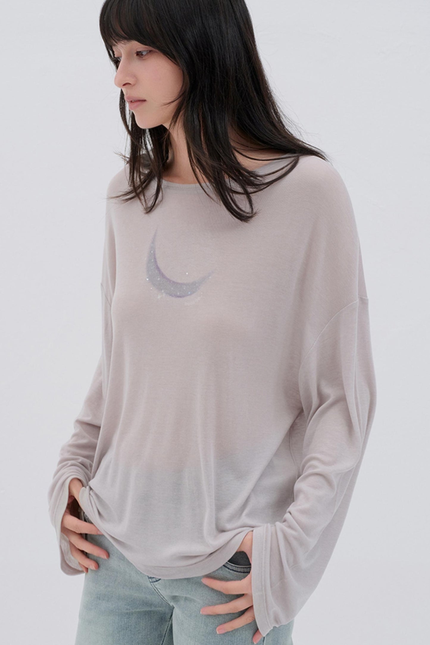 Moon Print Wool Blend Long Sleeves Top