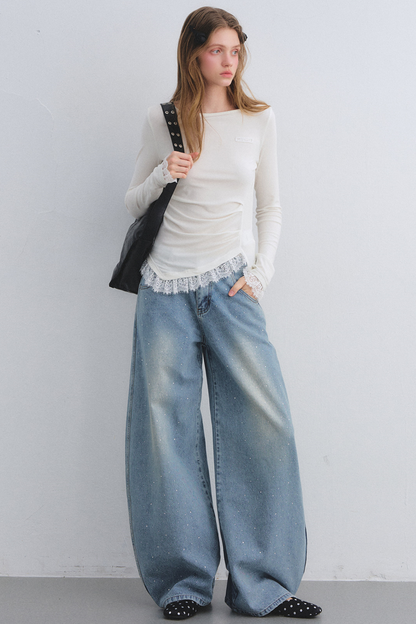 Rhinestone Washed Denim Pants