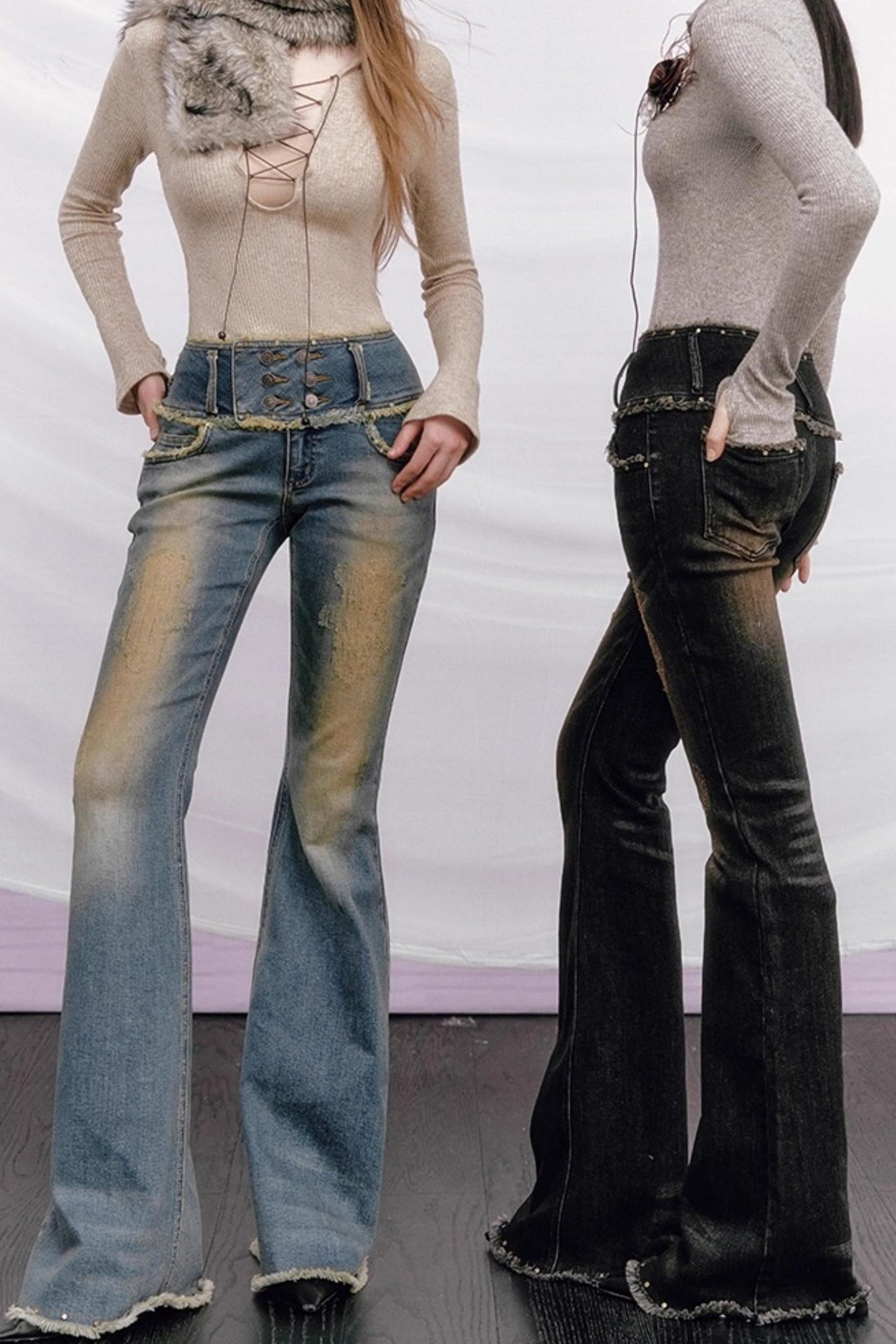 Vintage Distressed Denim Flared Pants