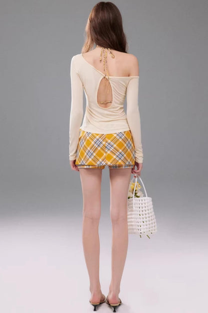 Off-Shoulder Plaid Corset and T-Shirt Matching Set