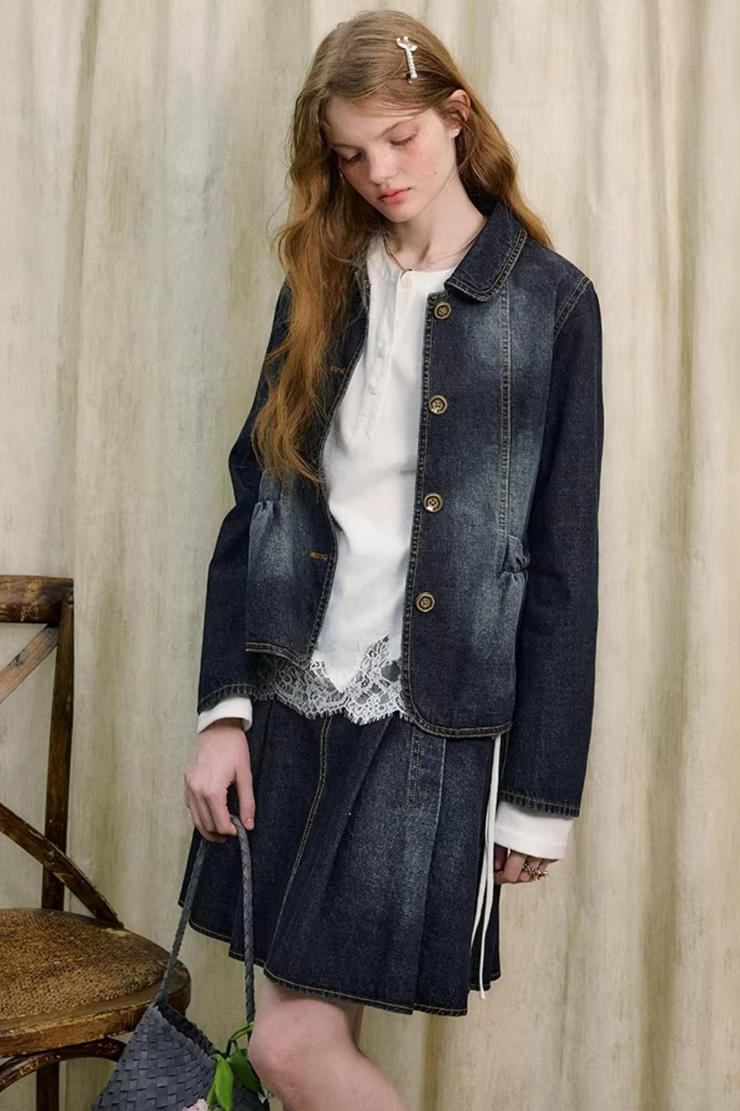 College-Style Denim Jacket Set