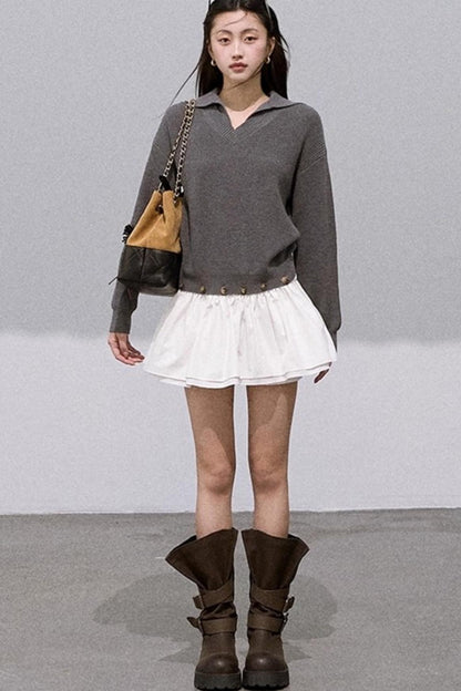 Wool V-Neck Detachable Skirt Dress