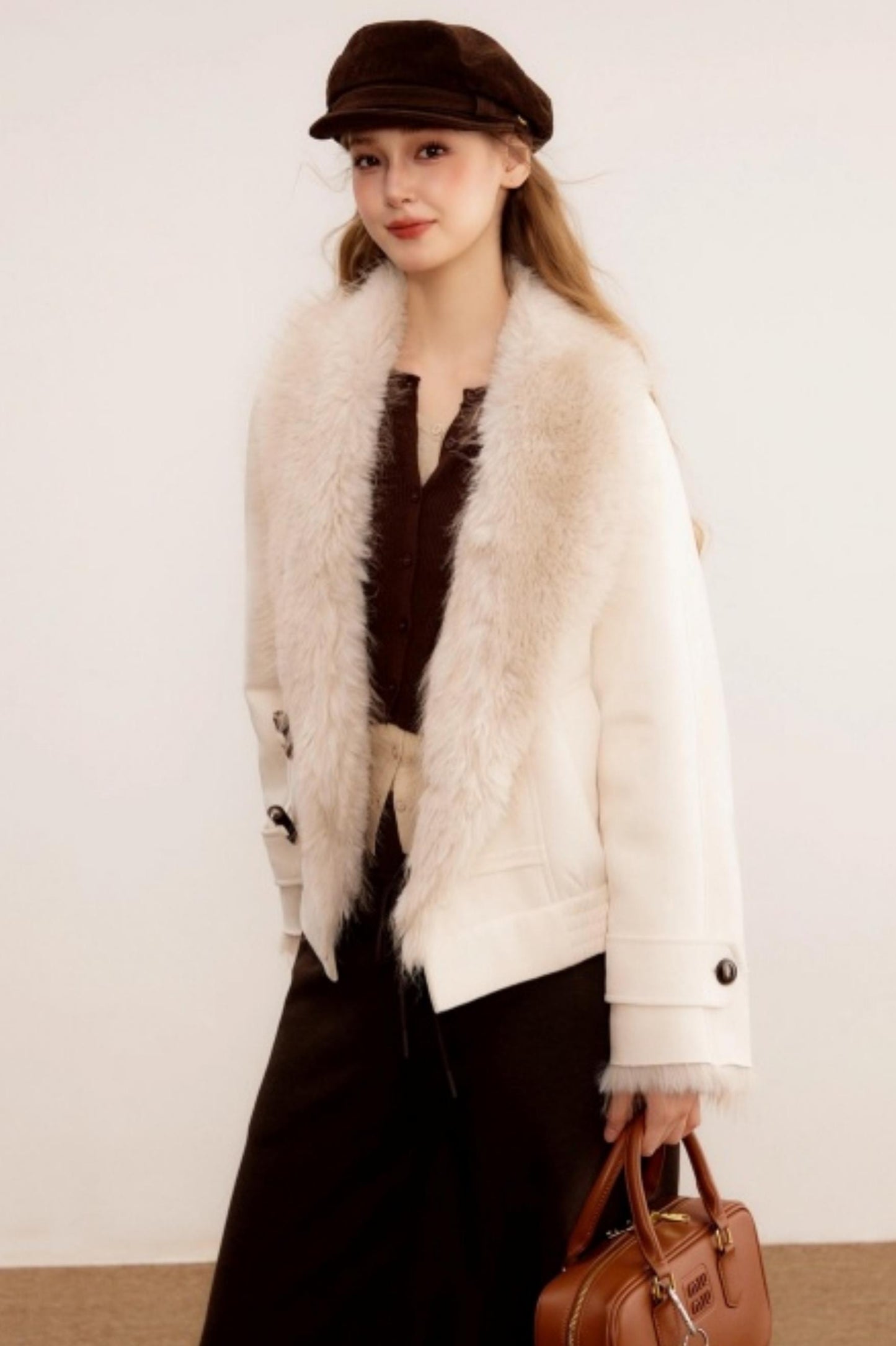 Fur Collar Leather Parka Coat