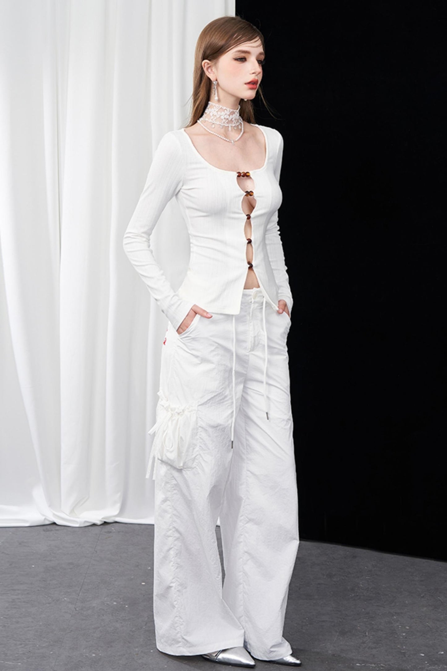 Color Beaded U-Neck Long Sleeve Tee