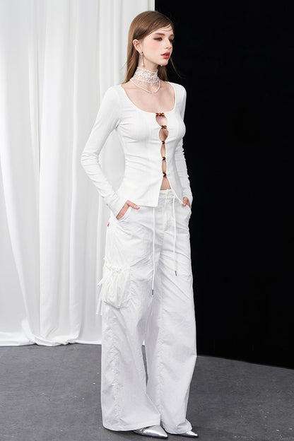 Color Beaded U-Neck Long Sleeve Tee