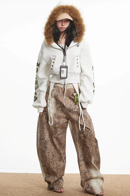 Retro Leopard Print Denim Pants