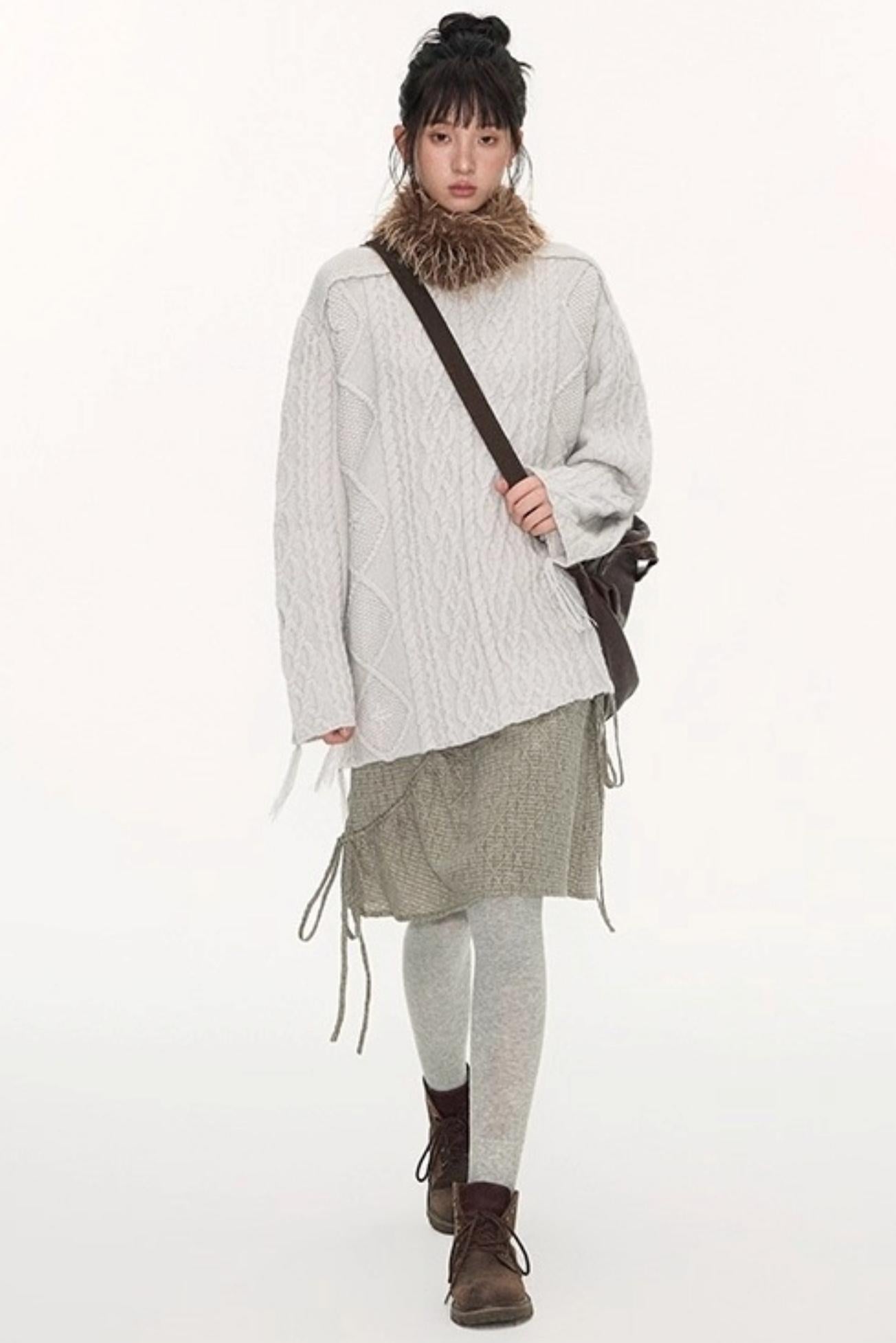 Crew Neck Crochet Cable Knit Sweater