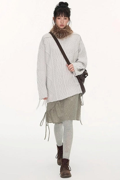 Crew Neck Crochet Cable Knit Sweater