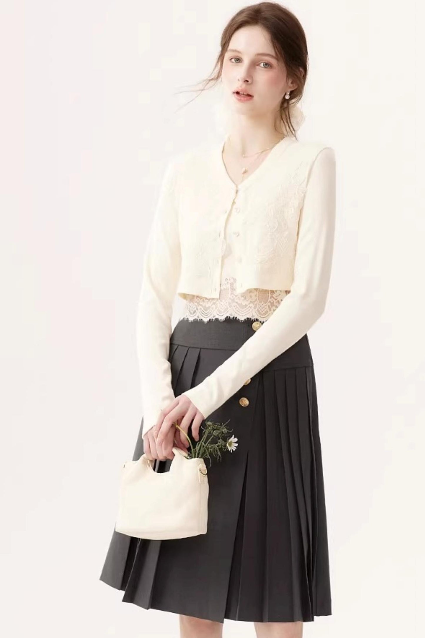 High-Waisted Pleated Midi Skirt