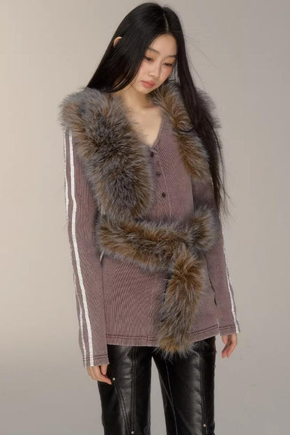 V-Neck Pinstripe Mid-Length Coat Set-Up