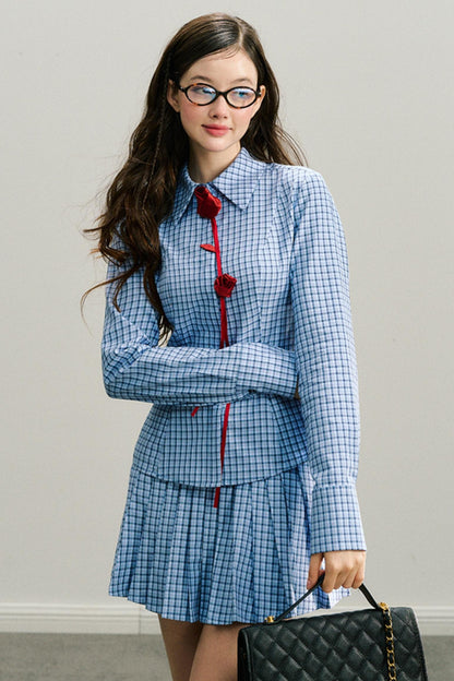 Red Rose Plaid Pleated Skirt Set-Up