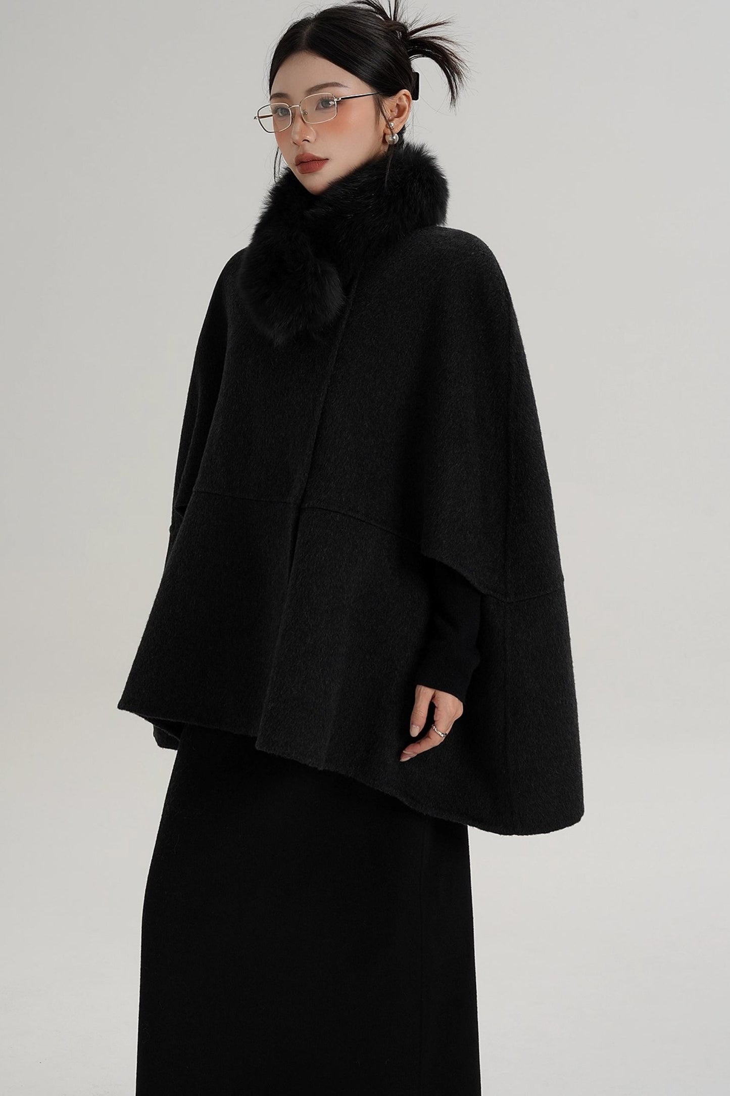 Elegant Fox Fur Wool Cape Coat