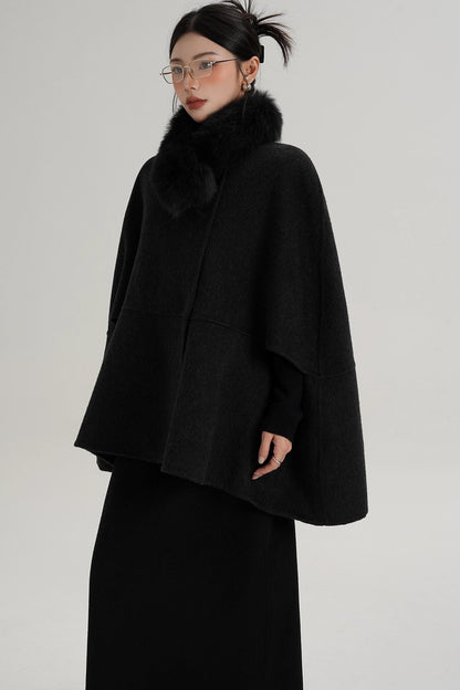 Elegant Fox Fur Wool Cape Coat