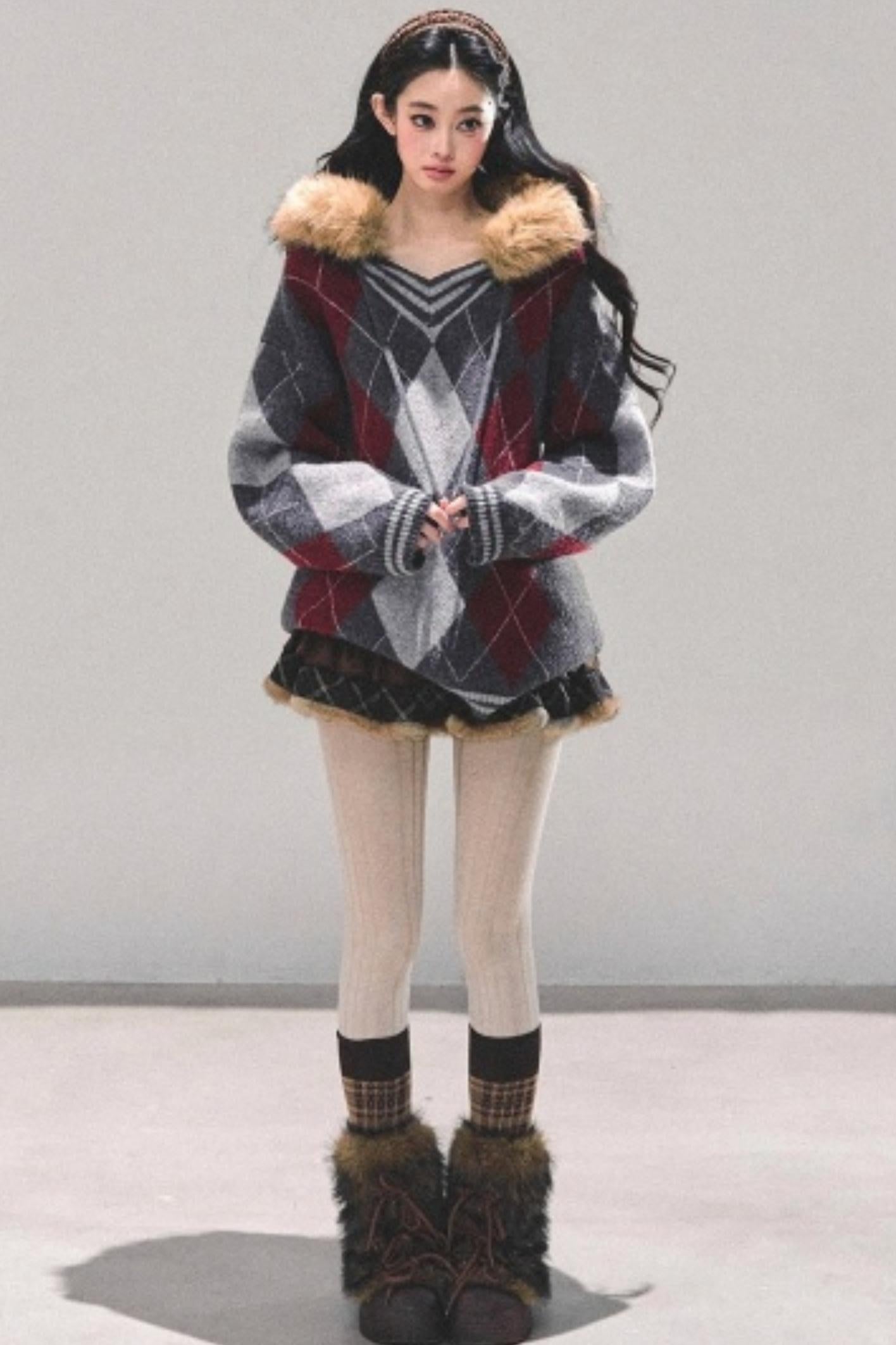 American College Style Fur Collar Sweater