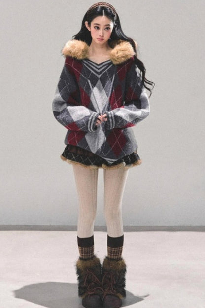 American College Style Fur Collar Sweater