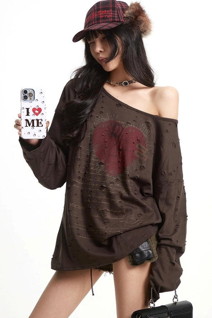 Vintage Love Print Slanted Shoulder T-Shirt