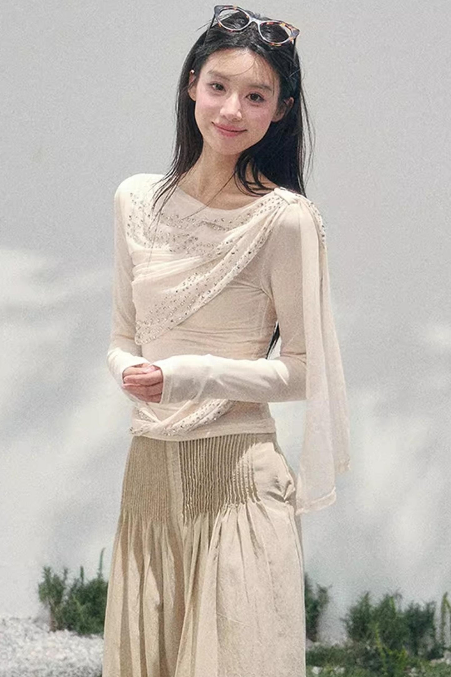 Sheer Rhinestone Slim-Fit Top Set