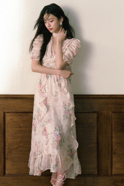 Pink Chiffon V-Neck Summer Dress