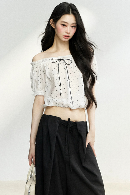Polka Dot Bow Blouse and Pants Set-Up