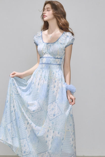 Puff Sleeves Waist Slim Long Dress