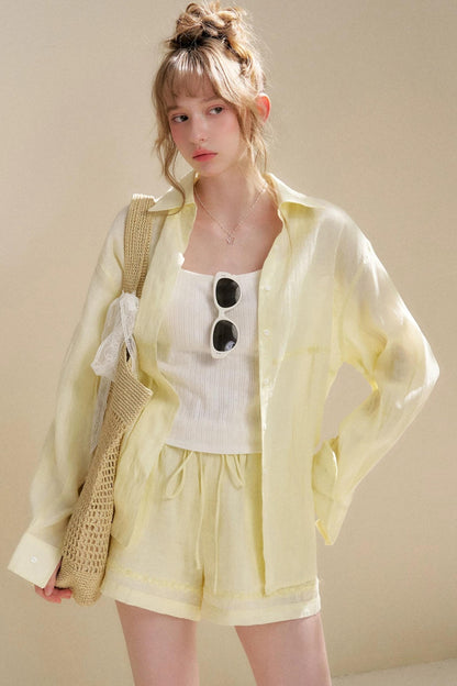 Linen Tencel Beaded Blouse Set-Up