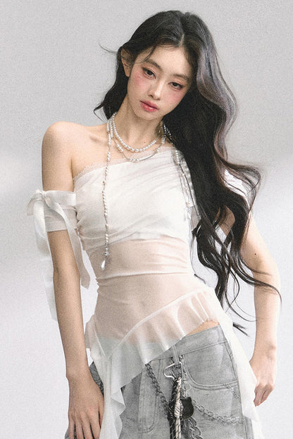 Sheer Mesh Off Shoulder T-Shirt