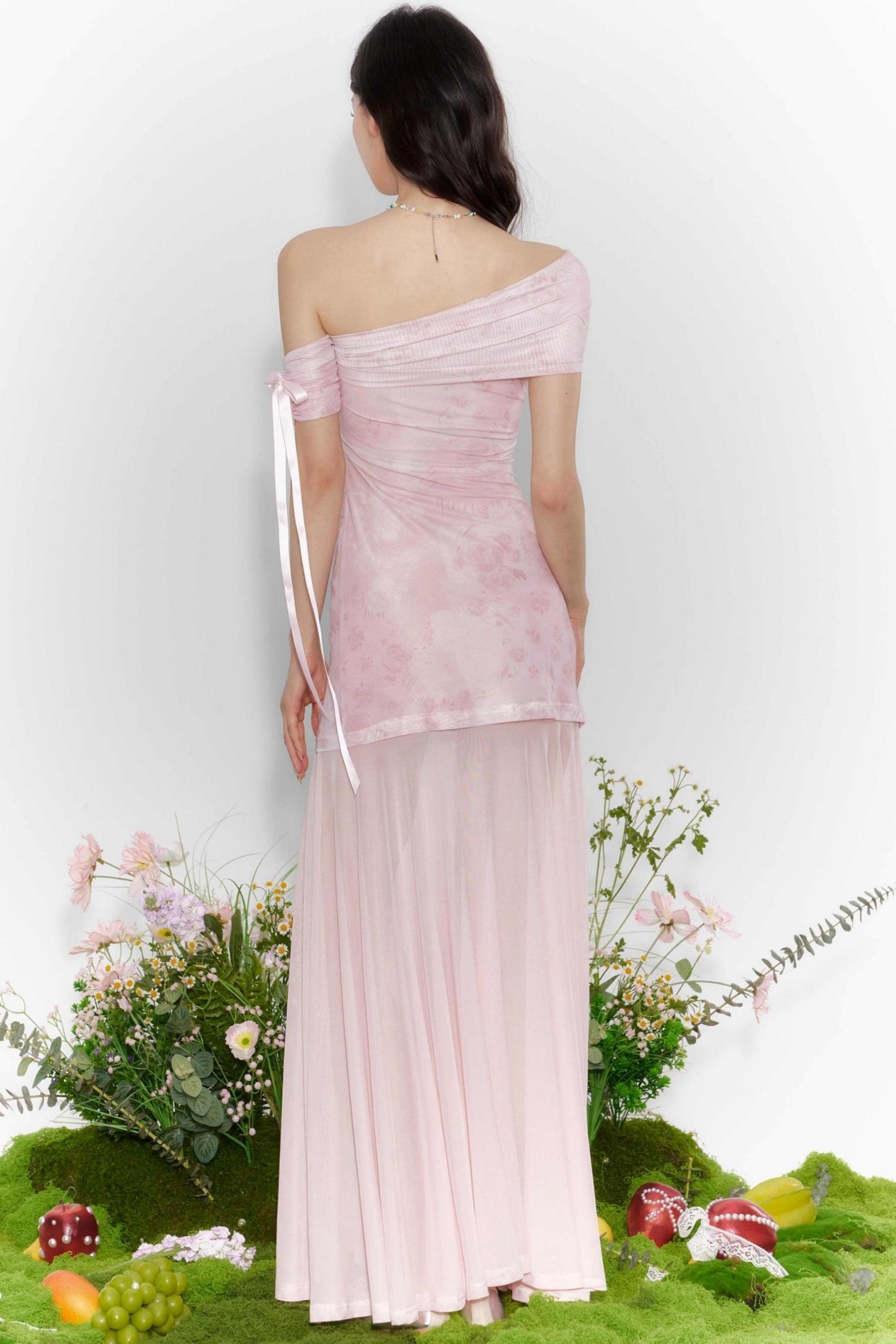 Sheer One-Shoulder Tulle Dress