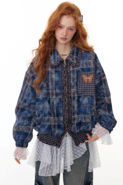 High-End Retro Blue Plaid Jacket