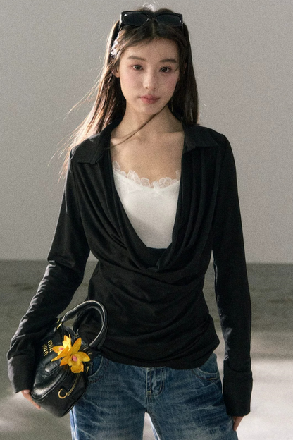 드레이프 칼라 레이스 탑 스커트 세트업