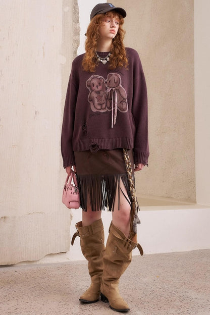 Kiss Bear Print Long Sleeve Sweater