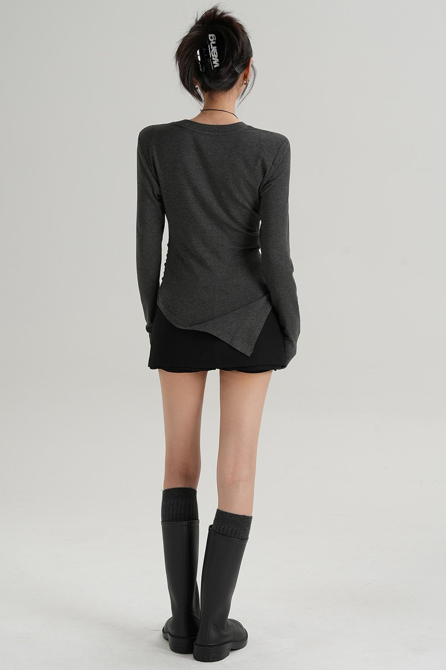 Shoulder Pads Hem Slit Long Sleeve T-shirt