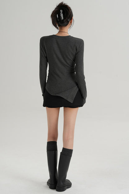 Shoulder Pads Hem Slit Long Sleeve T-shirt