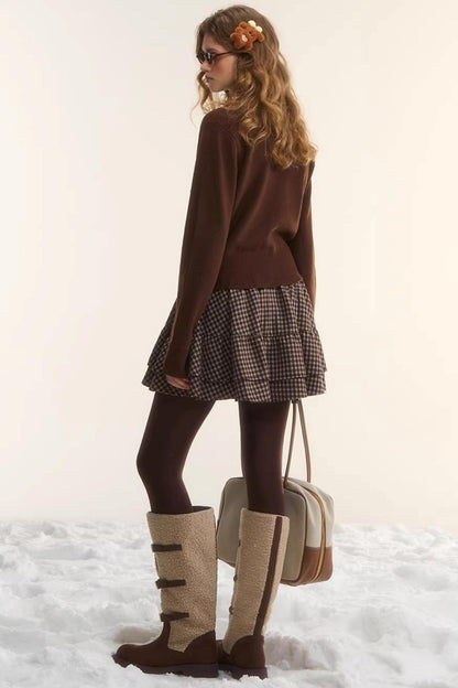 Plaid Melard Knit Top Skirt Set-Up