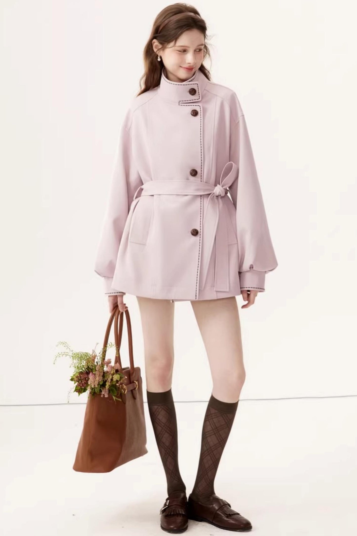Stand Collar Lantern Sleeve Trench Coat