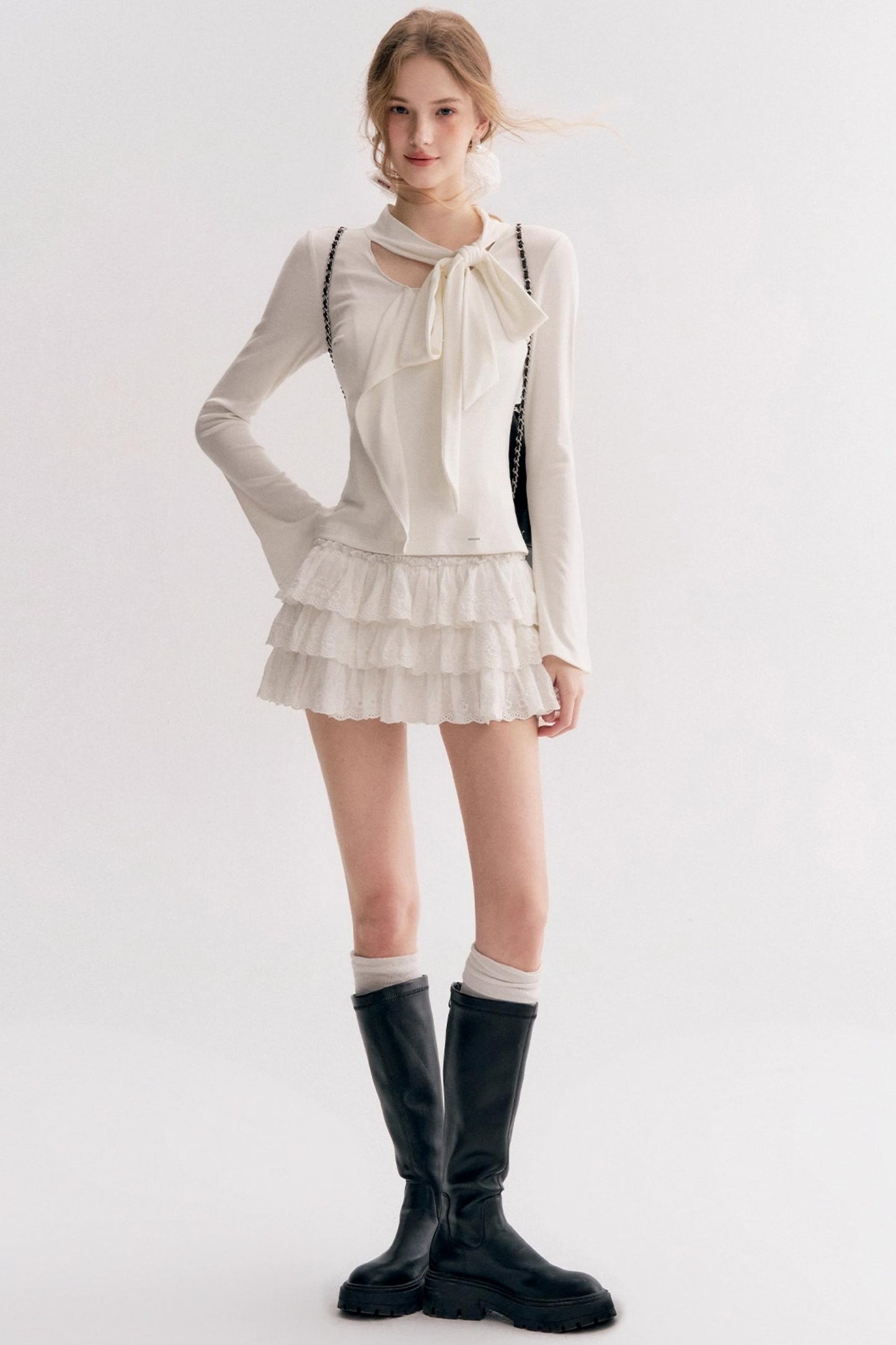 Romantic French Streamer Bow V-Neck Slim T-Shirt