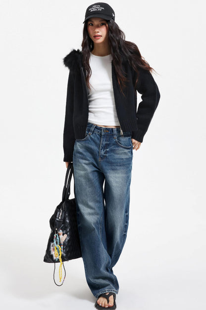 Knitted Sweater Jacket with Fur Collar