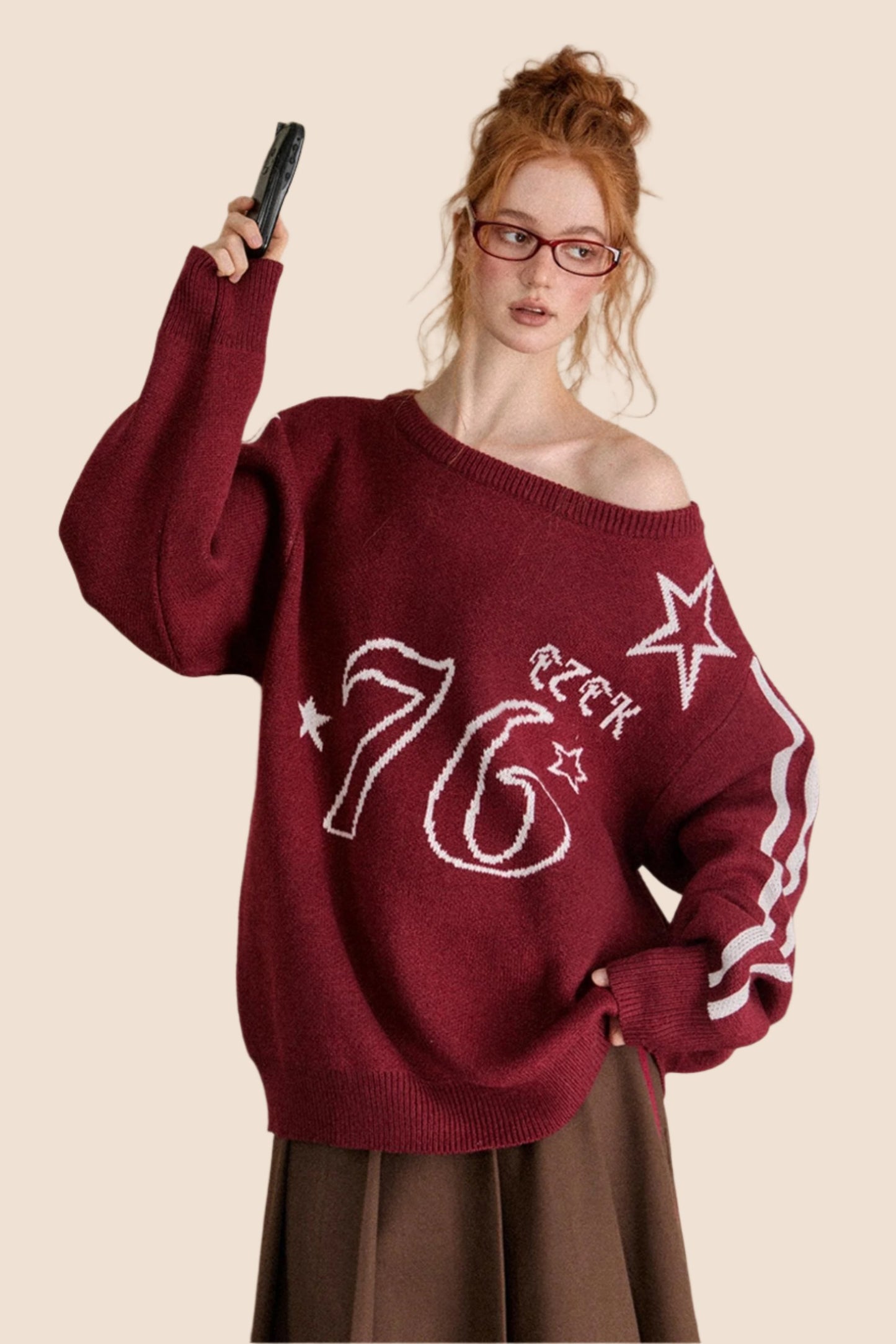 EZEK American Retro Slant Shoulder Crew Neck Pullover Pullover Damen Herbst und Winter neue lose kontrastierende Lazy Knit Pullover Trend