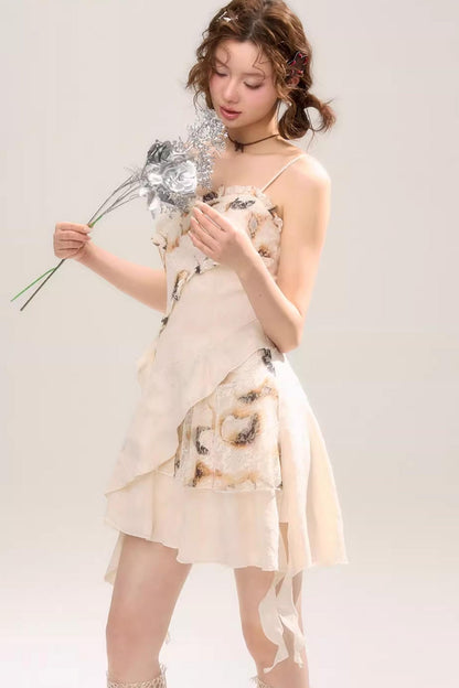 Beige Apricot Irregular Lace Dress