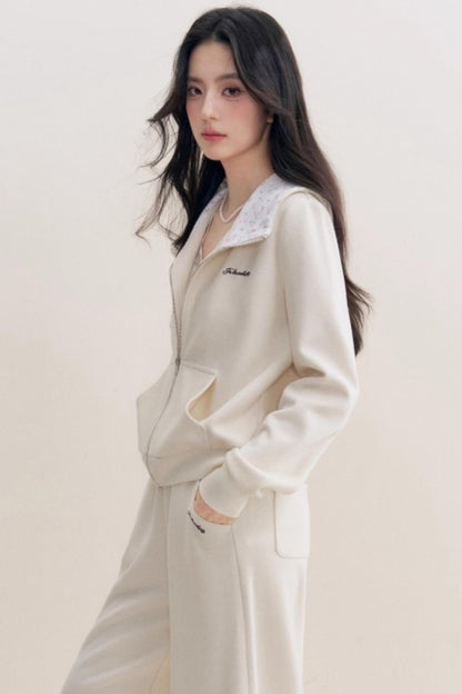 Rose Print Patchwork Hooded Jacket Set-Up