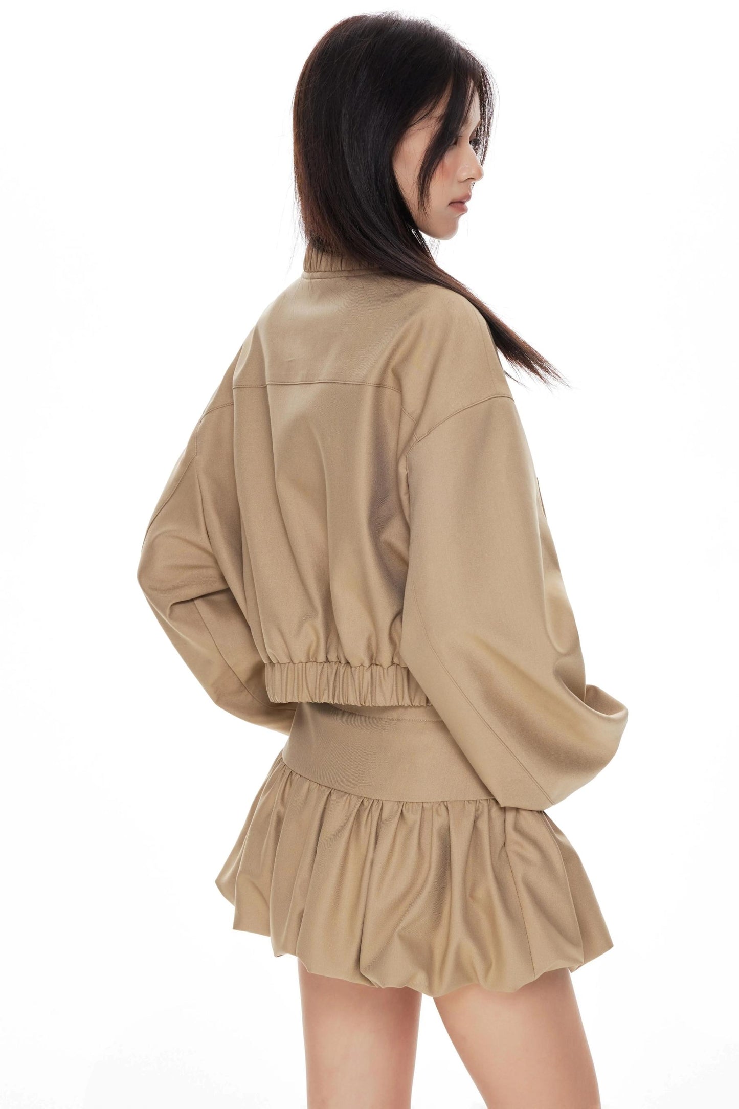 Khaki Cropped Jacket Skirt Set-Up