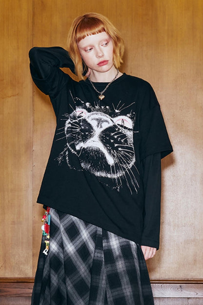 Cat Head Print Loose T-Shirt