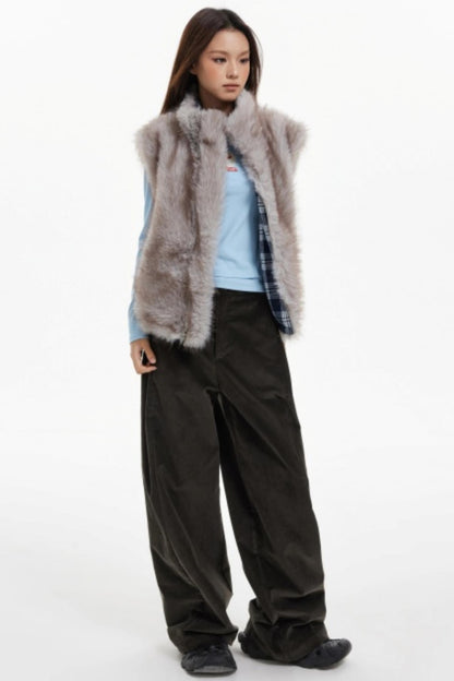 Plaid Lined Fur Vest Reversible Jacket