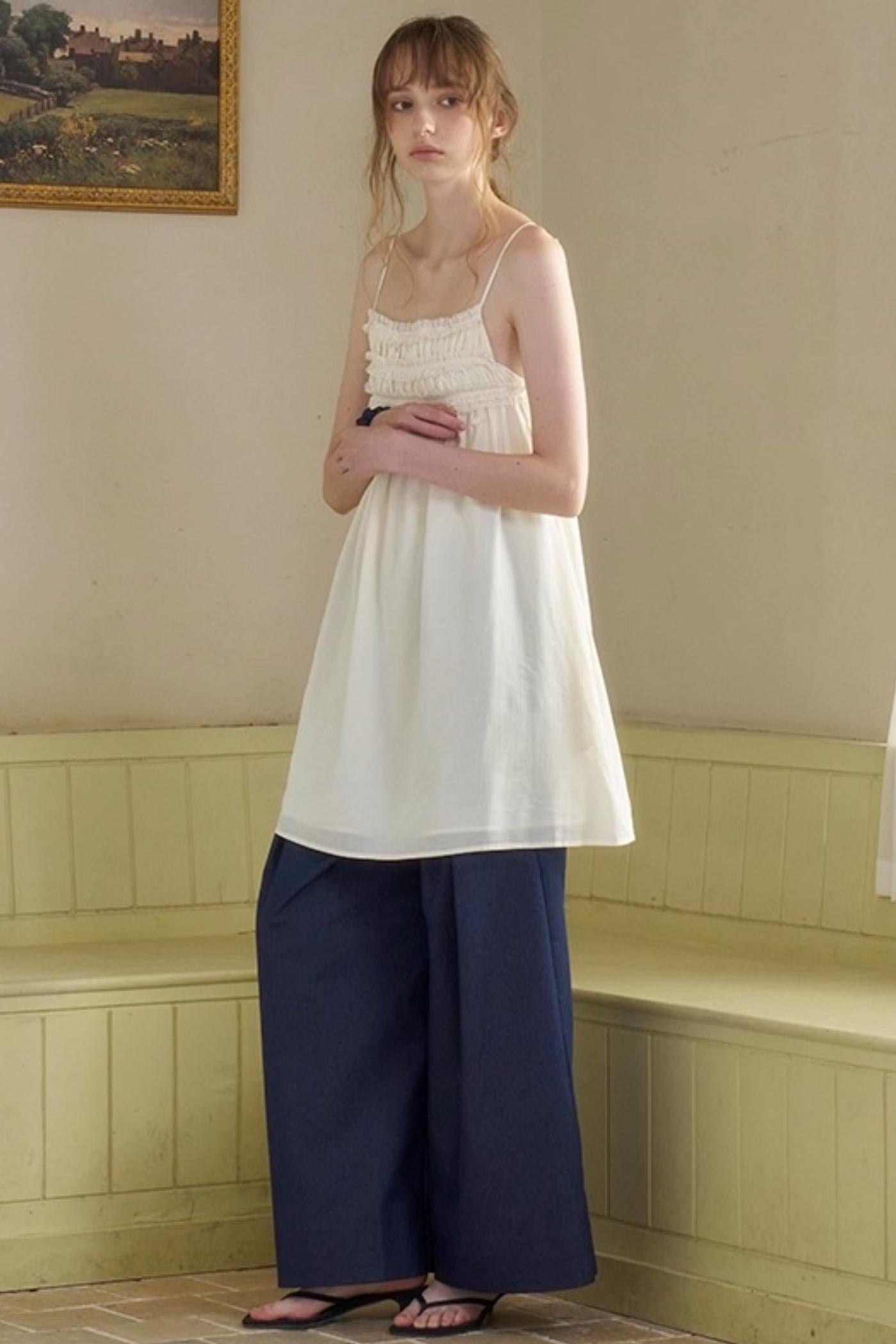 Cow Blue Pleated Denim Wide-Leg Pants Set-Up