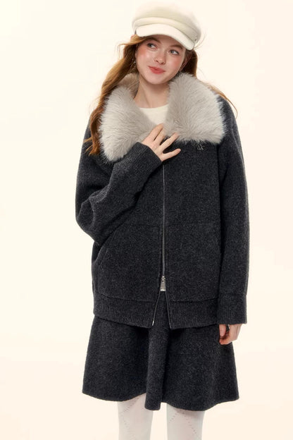 Wool Blend Lapel Fur Collar Coat Set-Up