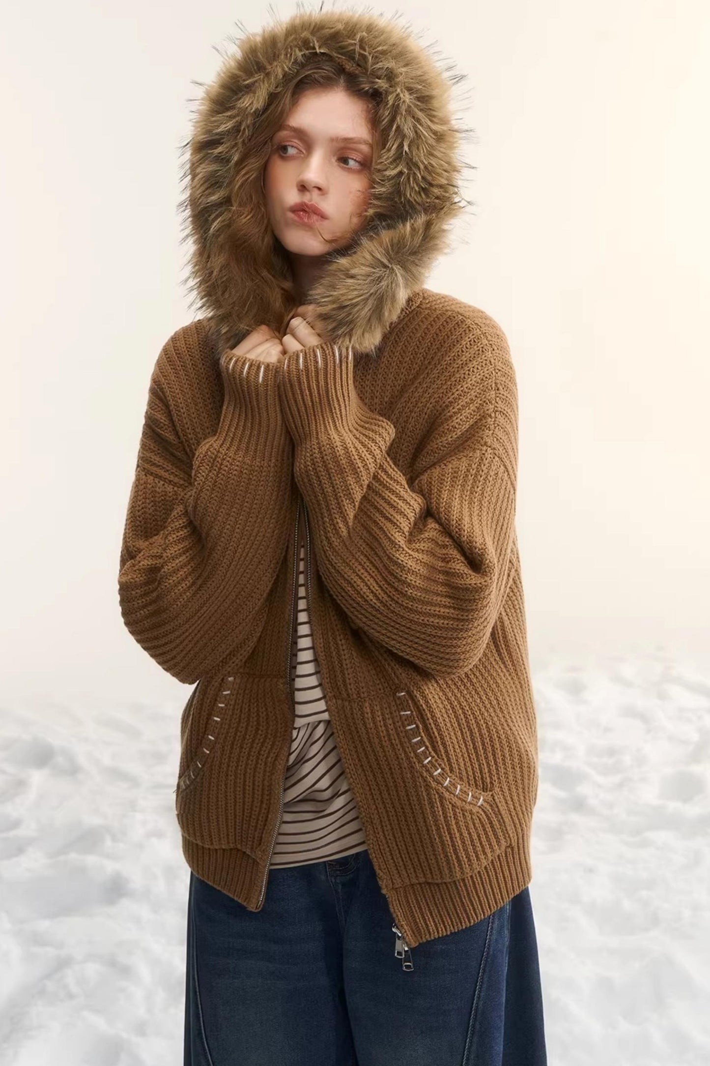 Detachable Fur Hooded Cardigan