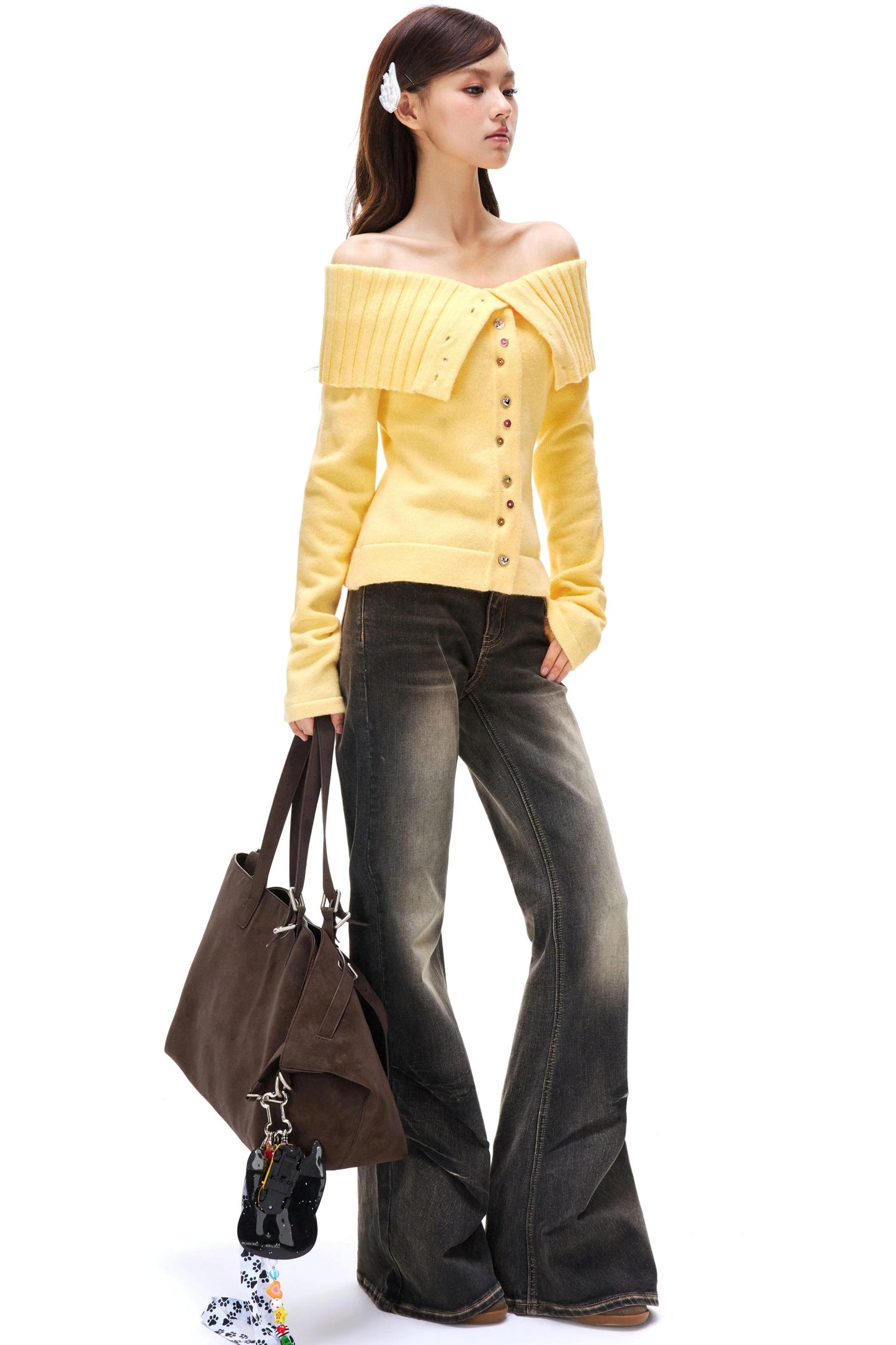 Colorful Button Off-Shoulder Knit Sweater