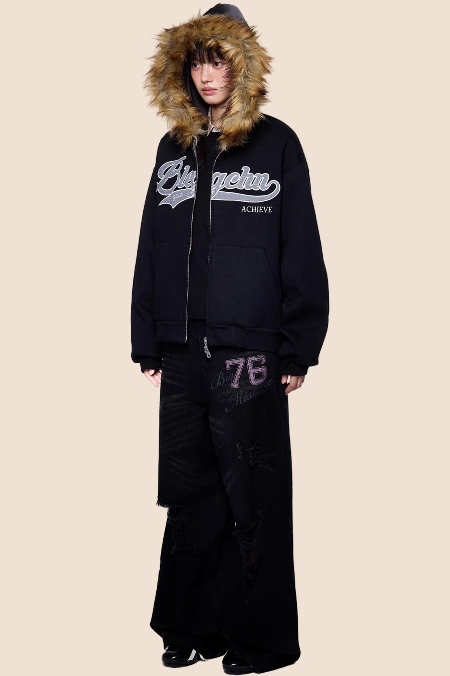 Embroidered Fur Collar Hooded Cardigan